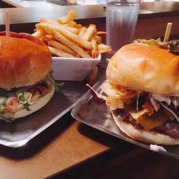 Feed Co. Burgers - Left: chipotle chicken Sammy $9.5 Right: Texicana Burger $9.5 Fries $2.95 (?) - Burgers Near Me - Seattle, Washington Feed Co. Burgers - Left: chipotle chicken Sammy $9.5 Right: Texicana Burger $9.5 Fries $2.95 (?) - Burgers Near Me - Seattle, Washington