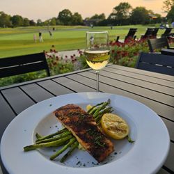 Blackened Grilled (Atlantic) Salmon, with house mashed potatoes and seasonal vegetables ($28), Ebb + Flow Chardonnay ($13)