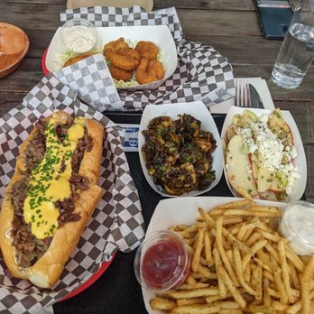 Lady Jaye - Delmonico cheese steak (drooooool), fried prawns, brussel sprouts, apple salad, shoestring fries. Every single item tasted good. - American Near Me - Seattle, Washington Lady Jaye - Delmonico cheese steak (drooooool), fried prawns, brussel sprouts, apple salad, shoestring fries. Every single item tasted good. - American Near Me - Seattle, Washington