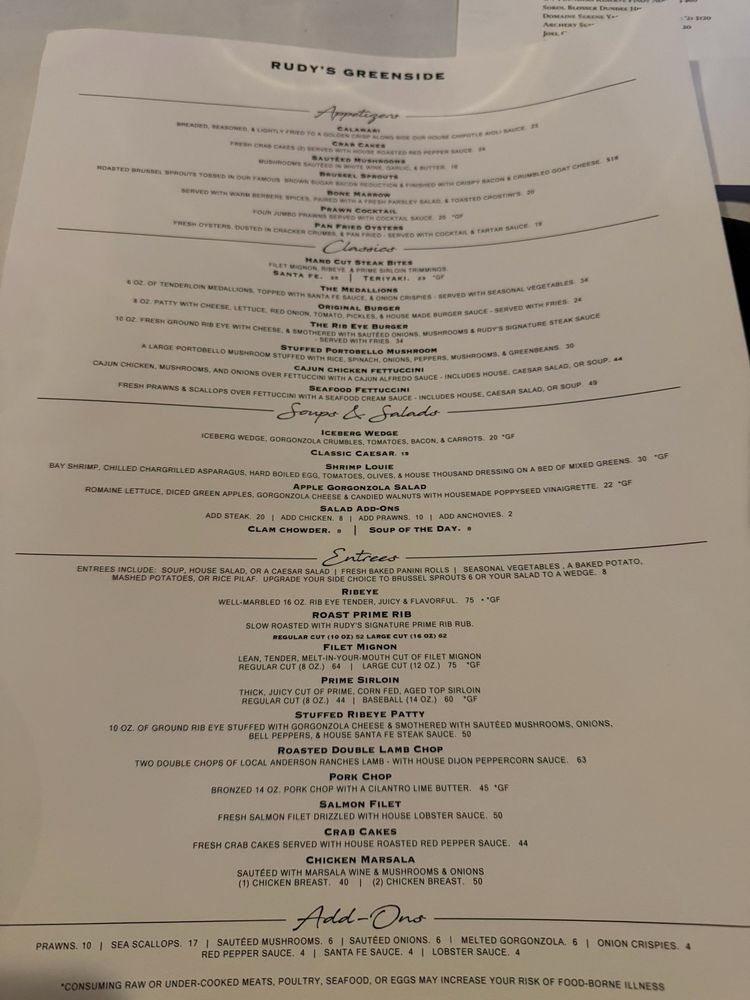 Food from Rudy’s Greenside Steakhouse