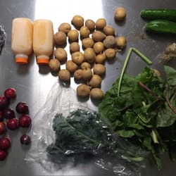 Thorpe's Organic Family Farm - W6: cucumber, kale, chard, zucchini, onion, potato, garlic, cabbage, plums, OJ, blueberry, peach, cherry