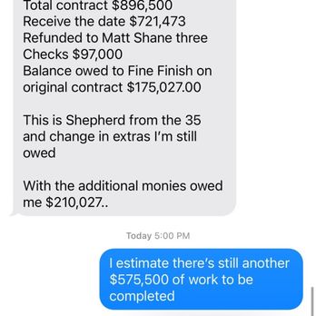 Construction Buffalo - Text conversation between Vincent Deletto (President & CEO of Fine Finish Construction Inc.) - A text message exchange about construction project costs, including contracts, refunds, and outstanding balances, with a photo of handwritten notes. - General Contractors Near Me - Buffalo, New York