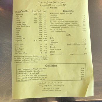 Ernie's Famous Subs - Menu - Sandwiches Near Me - Greenville, North Carolina Ernie's Famous Subs - Menu - Sandwiches Near Me - Greenville, North Carolina