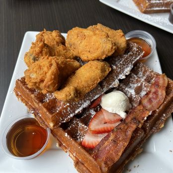 & Waffles - Cajun chicken wings with bacon waffles - Breakfast & Brunch Near Me - Long Beach, California & Waffles - Cajun chicken wings with bacon waffles - Breakfast & Brunch Near Me - Long Beach, California