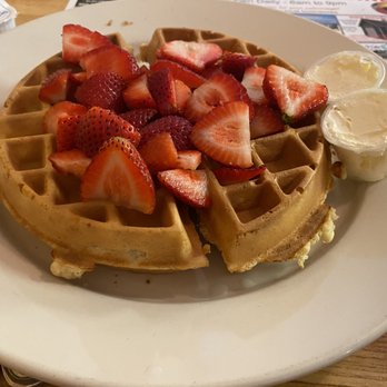 Bethany Diner - Waffle with strawberries, served with two eggs and a choice of meat. - Diners Near Me - Bethany Beach, Delaware
