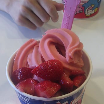 Yogurtland - Trying out their special strawberry lemonade sorbet on top of strawberry cheesecake and red velvet topped. Sanrio spoons too. :D - Ice Cream & Frozen Yogurt Near Me - Carrollton, Texas