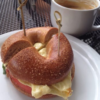 Frothy Monkey - Julie Bagel with egg, tomato, basil and feta cheese and a soy cappucino. - Coffee & Tea Near Me - Nashville, Tennessee