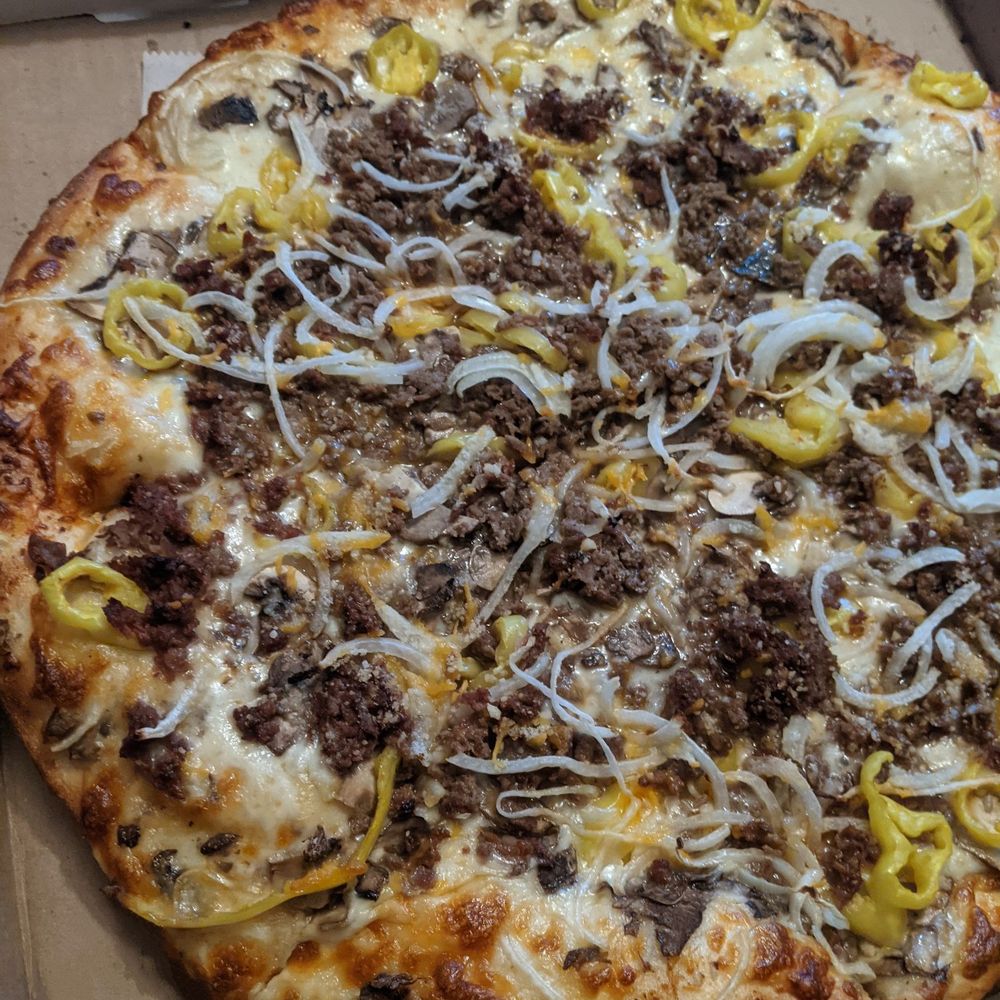 Joey's Pizza Depew - Steak & Four Cheese Pizza with our choice of Banana Peppers. Sirloin, mushrooms, onion, garlic, swiss, american, mozzarella, parmezan. - Pizza Near Me - Depew, New York Joey's Pizza Depew - Steak & Four Cheese Pizza with our choice of Banana Peppers. Sirloin, mushrooms, onion, garlic, swiss, american, mozzarella, parmezan. - Pizza Near Me - Depew, New York