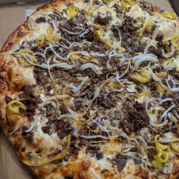 Joey's Pizza Depew - Steak & Four Cheese Pizza with our choice of Banana Peppers. Sirloin, mushrooms, onion, garlic, swiss, american, mozzarella, parmezan. - Pizza Near Me - Depew, New York Joey's Pizza Depew - Steak & Four Cheese Pizza with our choice of Banana Peppers. Sirloin, mushrooms, onion, garlic, swiss, american, mozzarella, parmezan. - Pizza Near Me - Depew, New York