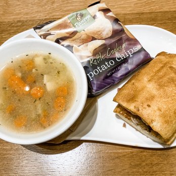 Panera Bread - Cuban sandwich with chicken soup and chips - Salad Near Me - Summerville, South Carolina Panera Bread - Cuban sandwich with chicken soup and chips - Salad Near Me - Summerville, South Carolina