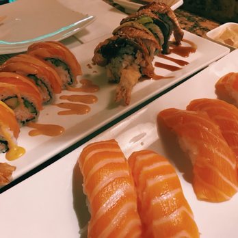 Sushi Plus - Happy hour rolls and salmon nigiri. $12.50 for everything pictured. - Japanese Near Me - Fountain Valley, California Sushi Plus - Happy hour rolls and salmon nigiri. $12.50 for everything pictured. - Japanese Near Me - Fountain Valley, California
