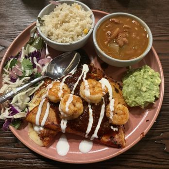 Saludos - Enchiladas Rojas with shrimp. Everything about this dish was perfect! - Mexican Near Me - New Braunfels, Texas Saludos - Enchiladas Rojas with shrimp. Everything about this dish was perfect! - Mexican Near Me - New Braunfels, Texas