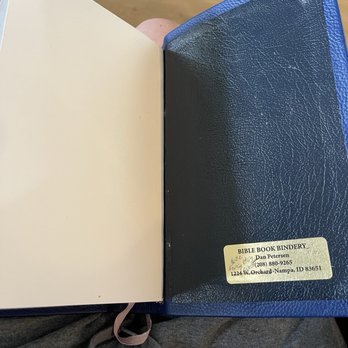Bible Book Binding & Repair - Inside the back cover with Dan's sticker. - Bookbinding Near Me - Nampa, Idaho Bible Book Binding & Repair - Inside the back cover with Dan's sticker. - Bookbinding Near Me - Nampa, Idaho