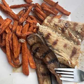 OC Fish Grill - Mahi-mahi plate with sweet potato fries and grilled egg plant. - Seafood Near Me - Irvine, California OC Fish Grill - Mahi-mahi plate with sweet potato fries and grilled egg plant. - Seafood Near Me - Irvine, California