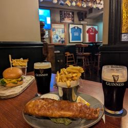 The Merry Cobbler - Fish and chips and burger with two pints of Guiness.