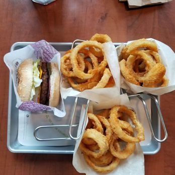 A&W - Onion rings and meatless burger.  Sweet potato fries too but cannot see. - Fast Food Near Me - Edmonton, Alberta