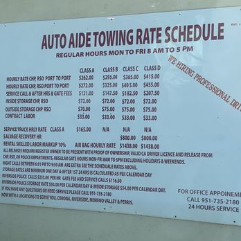 Auto Aide Towing - Sign showing lower fees than what I was charged - Auto Repair Near Me - Perris, California Auto Aide Towing - Sign showing lower fees than what I was charged - Auto Repair Near Me - Perris, California
