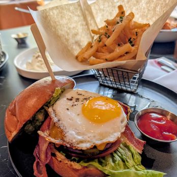 District Kitchen & Cocktails - Buffalo Burger with Parmesan Fries - New American Near Me - Austin, Texas District Kitchen & Cocktails - Buffalo Burger with Parmesan Fries - New American Near Me - Austin, Texas