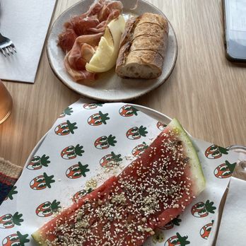 Golden Hour - Watermelon gel and watermelon plus cheese and ham with bread - Wine Bars Near Me - Austin, Texas