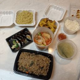 crispy crab wontons, shrimp tempura roll, red curry tofu, Tom Yum fried rice, miso soup and a side of ramen. crispy crab wontons, shrimp tempura roll, red curry tofu, Tom Yum fried rice, miso soup and a side of ramen.