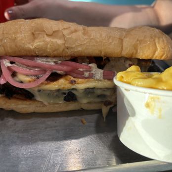 The Stellar Hog - White Wall (Brisket, smoked gouda, pickled red onion, and horseradish cream on toasted hoagie) and Mac N Cheese - Beer Gardens Near Me - Saint Louis, Missouri