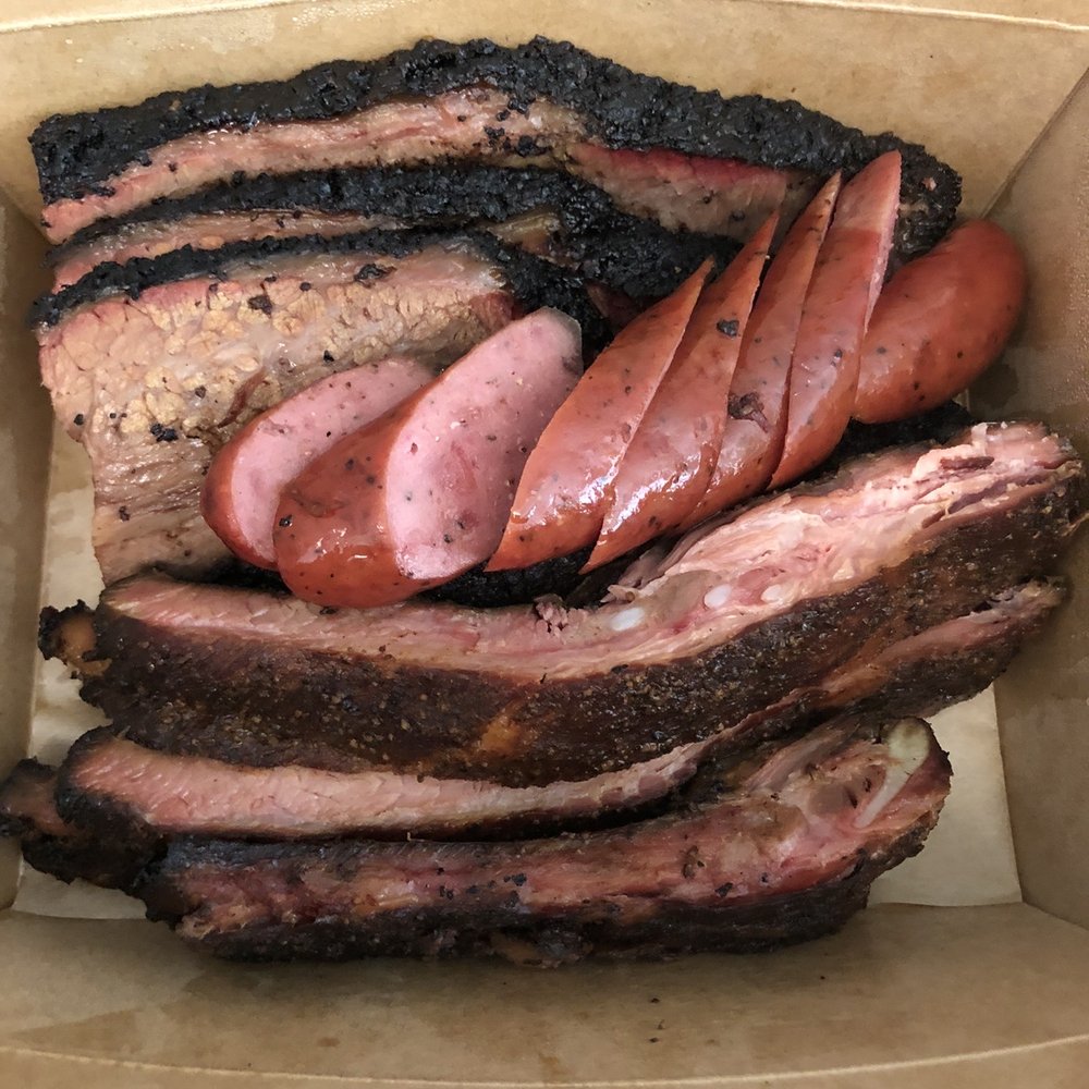 Sunset Texas Barbecue - One pound Beef Brisket, 1/2 pound Pork Ribs; one Sausage Link. - Barbeque Near Me - Honolulu, Hawaii Sunset Texas Barbecue - One pound Beef Brisket, 1/2 pound Pork Ribs; one Sausage Link. - Barbeque Near Me - Honolulu, Hawaii