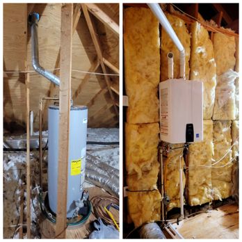 Coastal Plumbing Solutions - Tank type water heater in the attic replaced with a new tankless water heater. - Plumbing Near Me Coastal Plumbing Solutions - Tank type water heater in the attic replaced with a new tankless water heater. - Plumbing Near Me