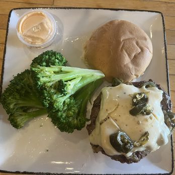 The Bears Den Steakhouse - Diablo burger with steamed broccoli - Steakhouses Near Me - Cambridge, Ohio The Bears Den Steakhouse - Diablo burger with steamed broccoli - Steakhouses Near Me - Cambridge, Ohio
