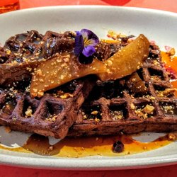 My Kingdom for a Horse - Chocolate waffles with caramelised pear and salted butterscotch sauce