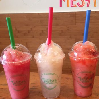 Tastea - Left to right: watermelon slush, lychee slush w/ aloe, peachme sweet tea slush - Bubble Tea Near Me - Costa Mesa, California