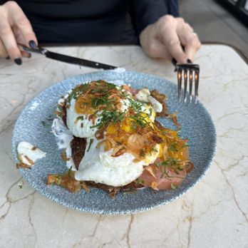 K'Far - Latkes with smoked salmon - Breakfast & Brunch Near Me - Brooklyn, New York K'Far - Latkes with smoked salmon - Breakfast & Brunch Near Me - Brooklyn, New York