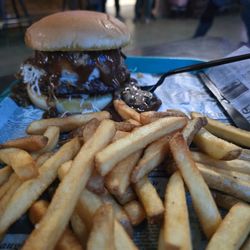 Burger Barge - Mashed potato and gravy burger with fries