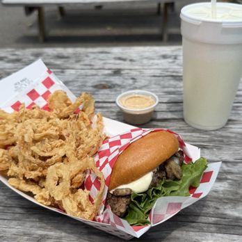 Fresh Burger - Hamburger with Swiss cheese and mushrooms and the side order of onion sticks - Burgers Near Me - Cherokee, North Carolina Fresh Burger - Hamburger with Swiss cheese and mushrooms and the side order of onion sticks - Burgers Near Me - Cherokee, North Carolina