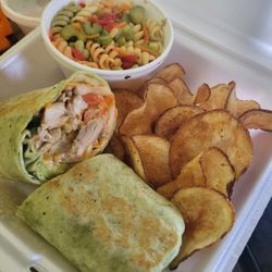 Oak Tree Cafe - Jerk chicken wrap, and pasta salad, homemade chips