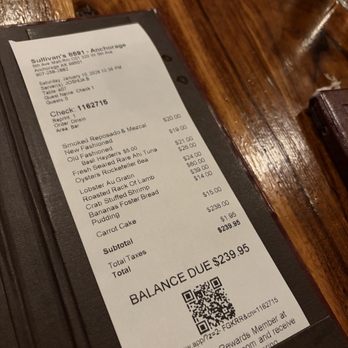 Sullivan's Steakhouse - Total for 2 but we tried so much food! - Steakhouses Near Me - Anchorage, Alaska