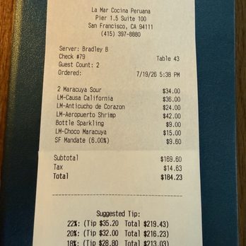 La Mar - The bill! - Latin American Near Me - San Francisco, California La Mar - The bill! - Latin American Near Me - San Francisco, California