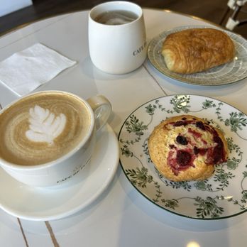 Cafe De Flore Patisserie - Latte, tea, raspberry scone and a chocolate croissant - Cafes Near Me - Etobicoke, Ontario