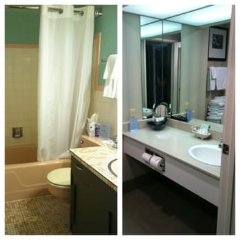 Campbell's Resort - Outdated pink bathroom in Lodge 5 vs. the nicer bathroom in Lodge 3. - Resorts Near Me - Chelan, Washington Campbell's Resort - Outdated pink bathroom in Lodge 5 vs. the nicer bathroom in Lodge 3. - Resorts Near Me - Chelan, Washington