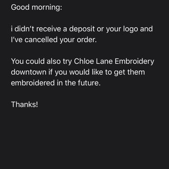 Howland Business Apparel - Email of cancellation because I didn't sent the information fast enough for her - Screen Printing Near Me - Orlando, Florida Howland Business Apparel - Email of cancellation because I didn't sent the information fast enough for her - Screen Printing Near Me - Orlando, Florida