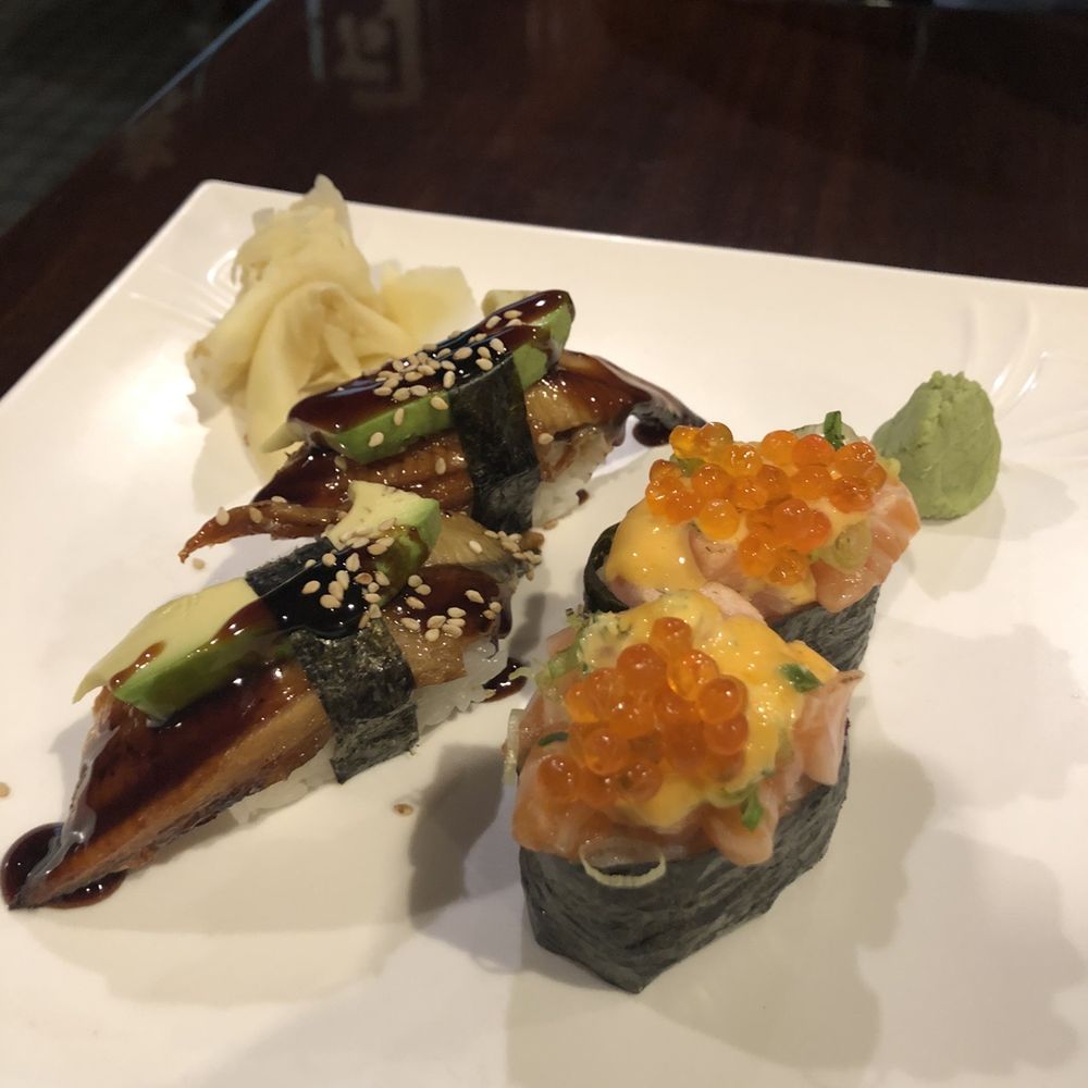 Wasabi34 - Salmon slightly torched with roe and eel avocado sushi. - Japanese Near Me - Matawan, New Jersey Wasabi34 - Salmon slightly torched with roe and eel avocado sushi. - Japanese Near Me - Matawan, New Jersey