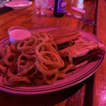 Nate's Seafood and Steakhouse - Burger Poboy with onion rings - Seafood Near Me - Addison, Texas