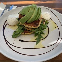 Lemon And Thyme - Corn fritters with poached eggs and avocado