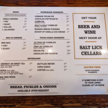 The Salt Lick BBQ - Sides, Beverages, and Desserts - Barbeque Near Me - Driftwood, Texas