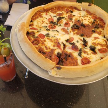 The Pan - 12" Margherita deep dish pizza and a bloody mary with extra olives to help scour it down. Soooo delish - Pizza Near Me - Long Beach, California The Pan - 12" Margherita deep dish pizza and a bloody mary with extra olives to help scour it down. Soooo delish - Pizza Near Me - Long Beach, California