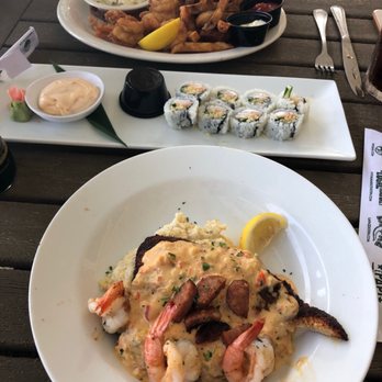 Harbor Docks - Fried shrimp platter, California sushi roll and catch of the day... Red Snapper with cheesy grits and cream sauce. - Sushi Bars Near Me - Destin, Florida