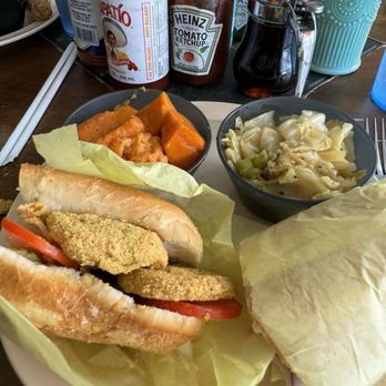 Chef Paul's Cafe - Fried Green Tomato Aioli Sandwich with cabbage and yams. Yummy! - Soul Food Near Me - Fresno, California Chef Paul's Cafe - Fried Green Tomato Aioli Sandwich with cabbage and yams. Yummy! - Soul Food Near Me - Fresno, California