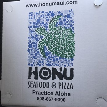 Honu Oceanside - Pizza box... & advertising. Look for the logo, we would have missed it without it. - Seafood Near Me - Lahaina, Hawaii
