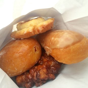 Ronald's Donuts - From top to bottom: Glazed crueler, Raspberry jelly filled, maple bar, apple fritter. YUM! - Donuts Near Me - Las Vegas, Nevada