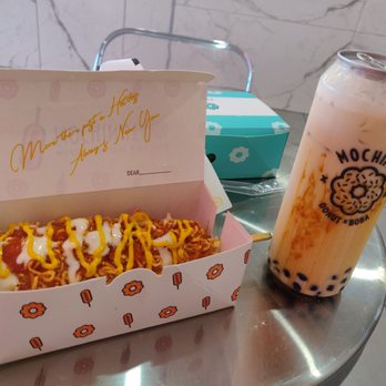 Mochinut - Concord - My "treat yo'self" meal. Ramen Korean corn dog and a brown sugar latte. Very filling and satisfying. - Donuts Near Me - Concord, California