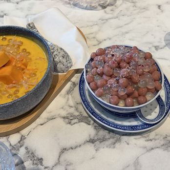 Sugar Maison - Fresh Mango with Sage and Lychee Bobba and Mango Milk. Rose Lychee Glutinous Rice Balls Milk Pudding - Desserts Near Me - Markham, Ontario